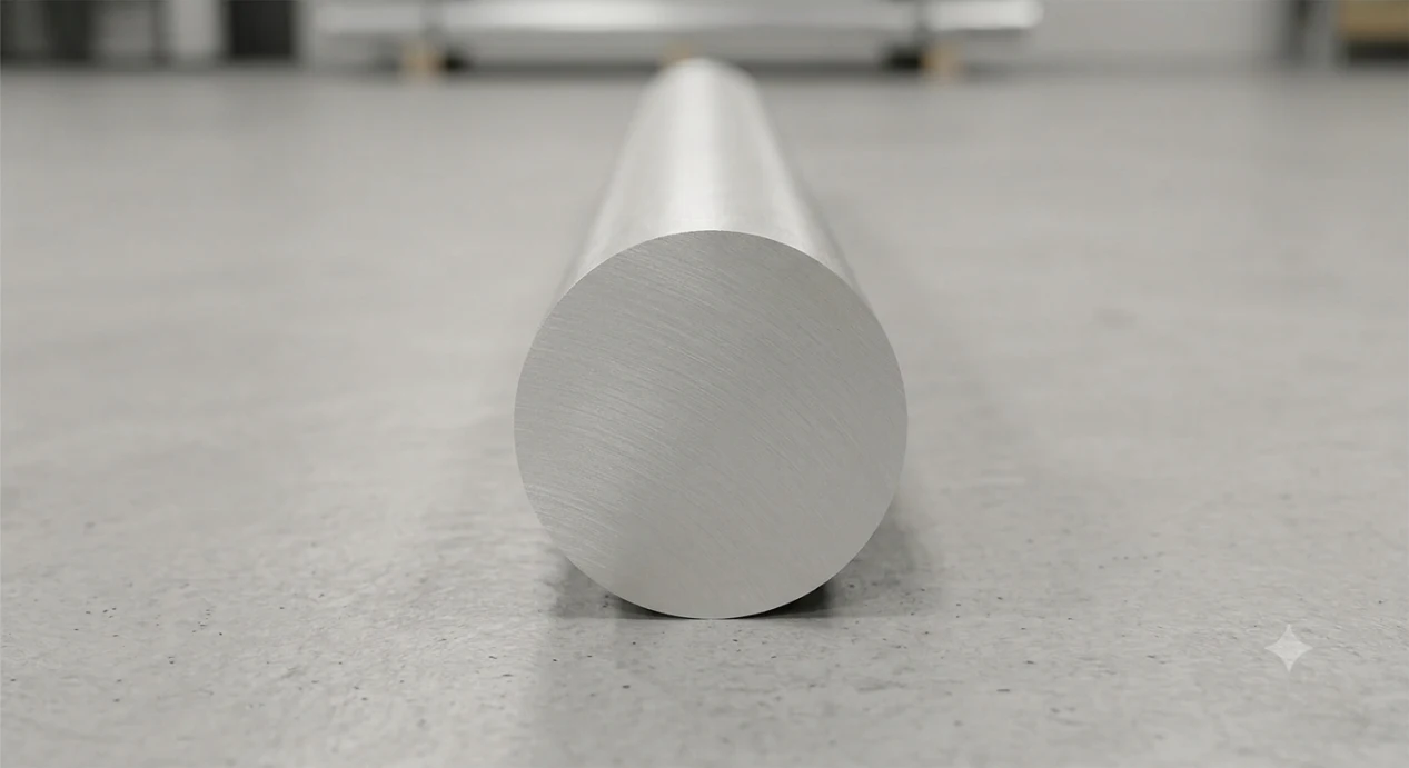 Front end perspective view of a clean 6082 aluminium round bar displaying a smooth metallic finish and circular cross-section
